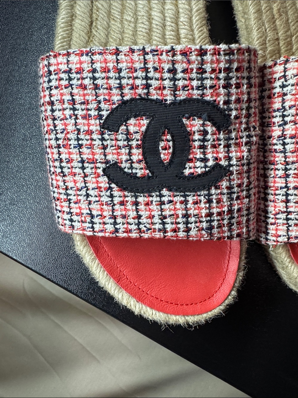 CHANEL Red Tweed Logo Slide Sandals - Picture 3 of 5